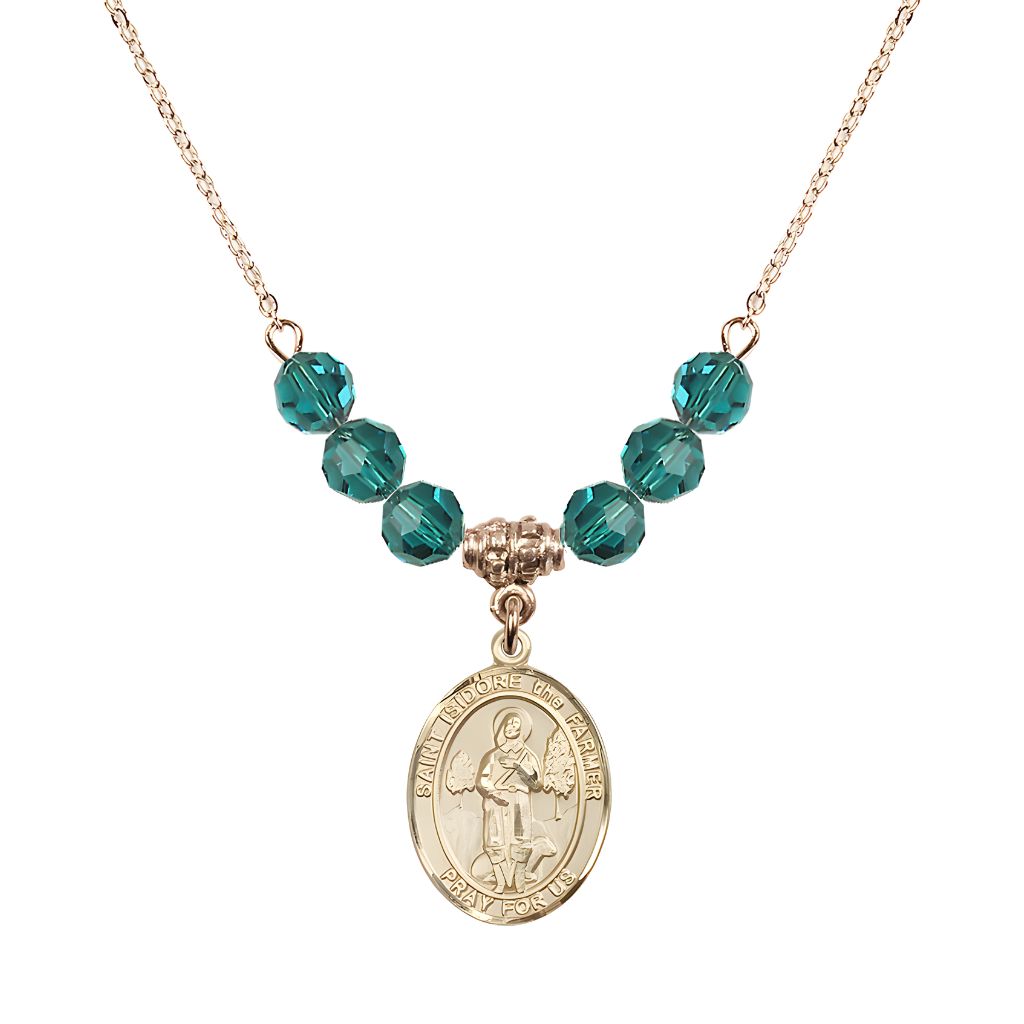 Bliss St. Isidore the Farmer Oval 14kt Gold-filled 6mm Zircon Austrian Crystal Beaded Necklace, Measures 3/4 inch tall by 1/2-inch wide, Gift Box.