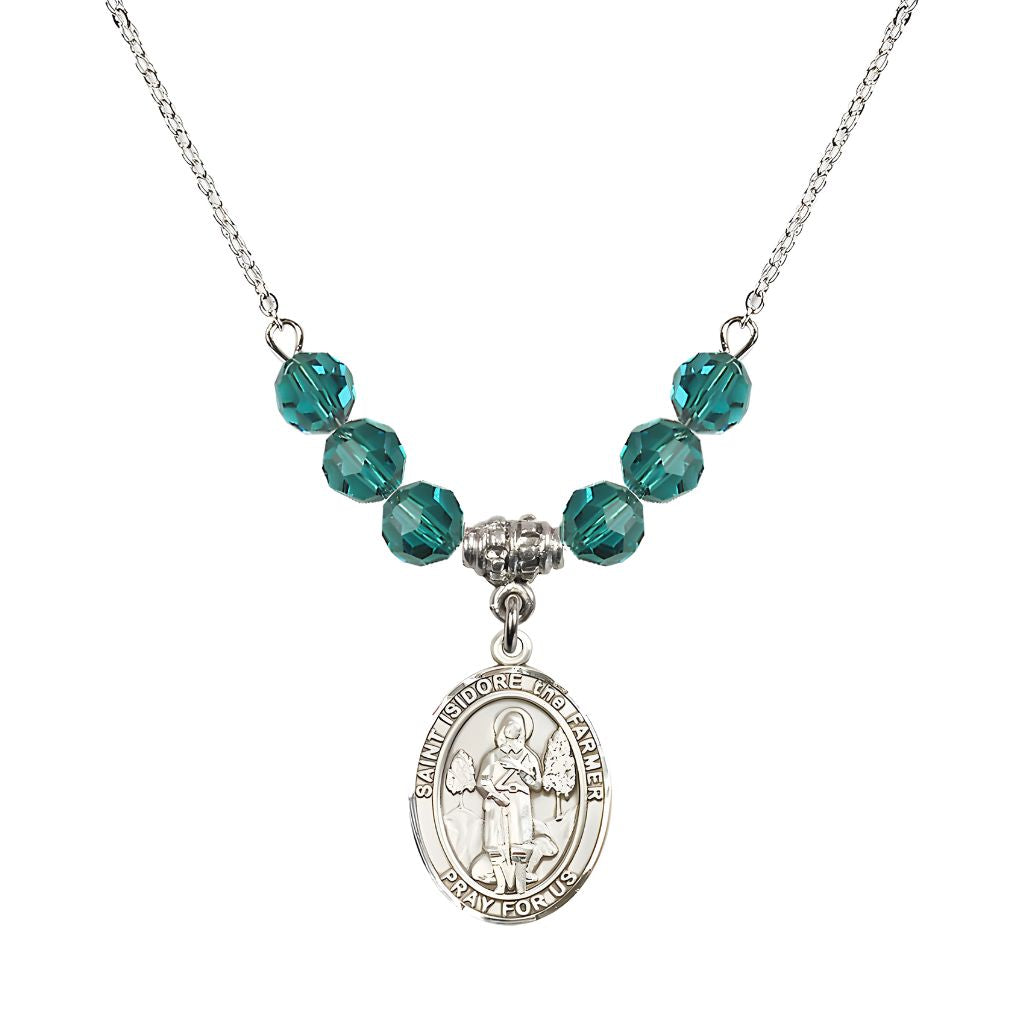 Bliss St. Isidore the Farmer Oval Sterling Silver 6mm Zircon Austrian Crystal Beaded Necklace, Measures 3/4 inch tall by 1/2-inch wide, Gift Box.