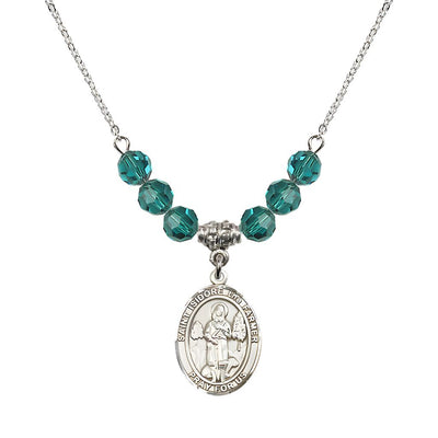 St. Isidore the Farmer Oval Sterling Silver 6mm Zircon Austrian Crystal Beaded Necklace, Measures 3/4 inch tall by 1/2-inch wide, Gift Box, Bliss Manufacturing
