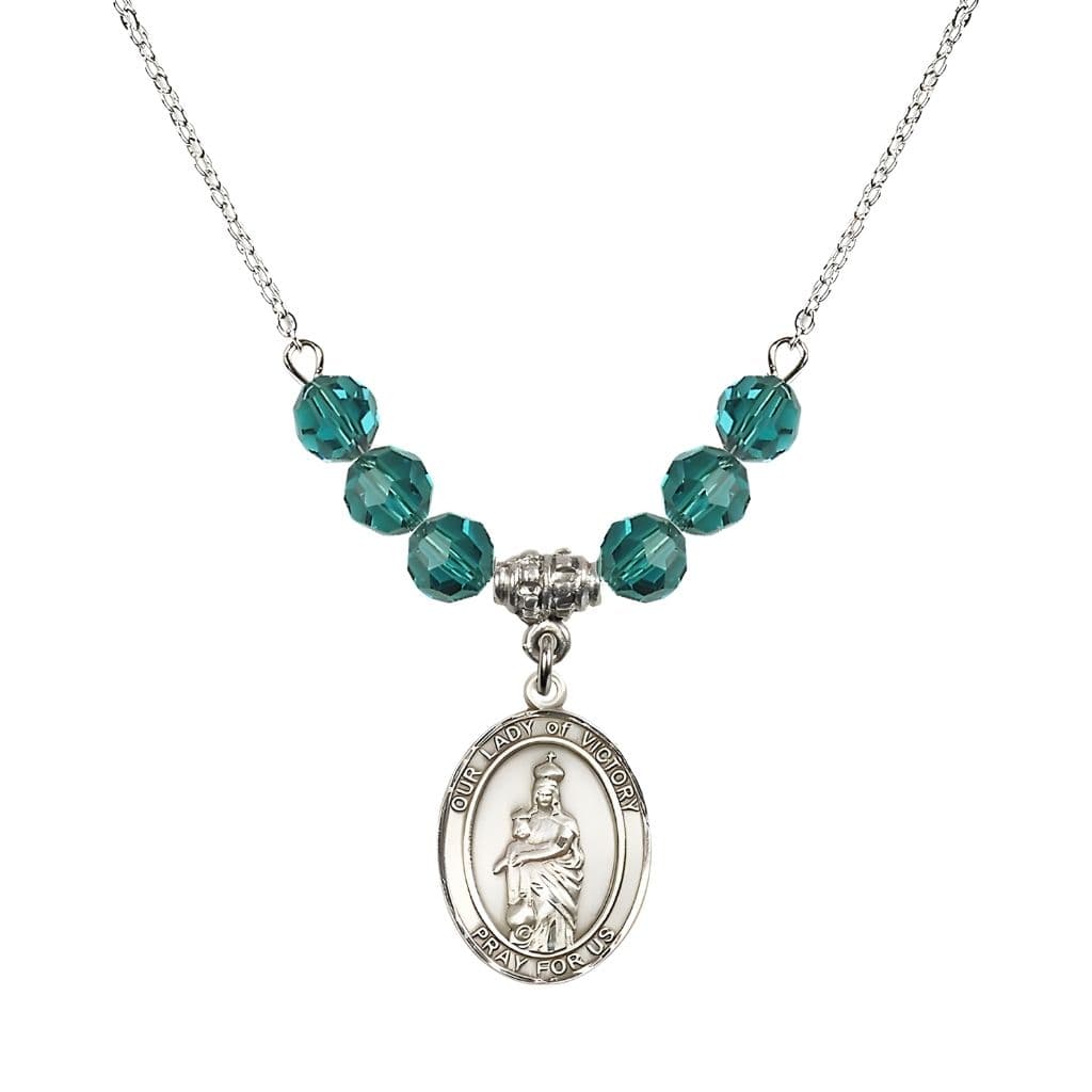Bliss Our Lady of Victory Sterling Silver 6mm Zircon Austrian Crystal Beaded Necklace with Plated Chain