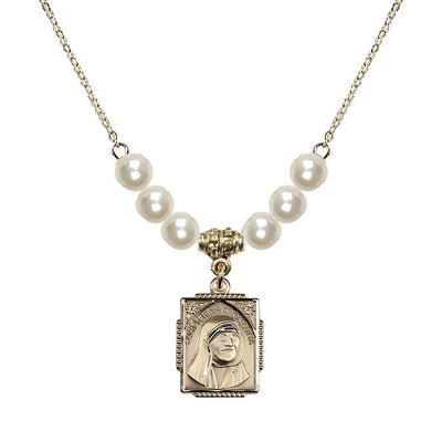 St. Teresa of Calcutta Square 14kt Gold-filled Faux Pearl Bead Necklace, Bliss Manufacturing