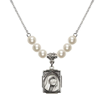 St. Teresa of Calcutta Square Sterling Silver Faux Pearl Necklace, Bliss Manufacturing