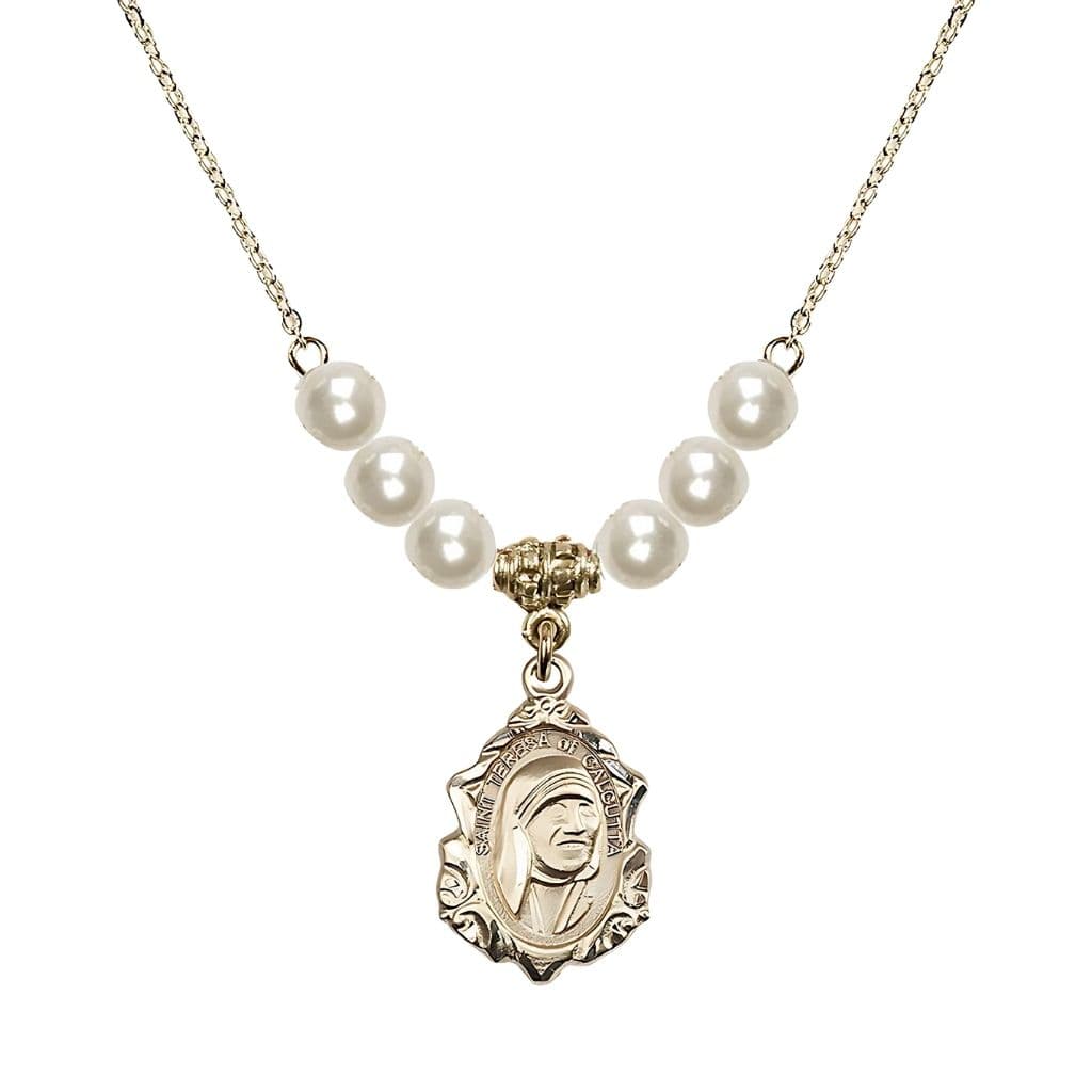 Bliss St. Teresa of Calcutta 14kt Gold-filled Crystal Birthstone Necklace with 6mm Faux Pearl Crystal Beads