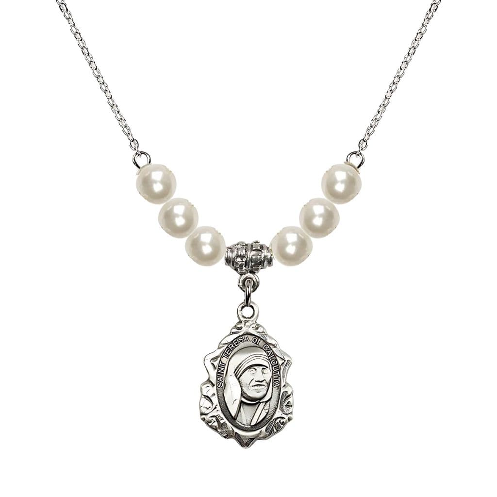 Bliss St. Teresa of Calcutta Sterling Silver Crystal Birthstone Necklace with 6mm Faux Pearl Crystal Beads