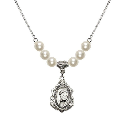 St. Teresa of Calcutta Sterling Silver Crystal Birthstone Necklace with 6mm Faux Pearl Crystal Beads, Bliss Manufacturing