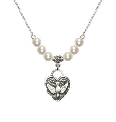 Dove Confirmation Heart Medal with 6mm Faux Pearl Bead Necklace, 3/4 inch tall by 5/8 inch wide, Bliss Manufacturing