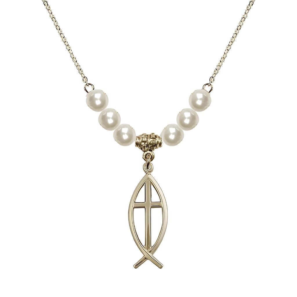 Bliss Fish Cross Crystal Faux Pearl Necklace with 18" Chain, Medal 1",