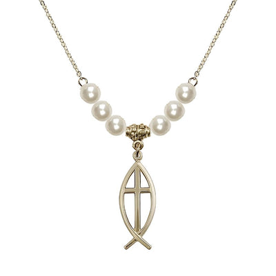 Fish Cross Crystal Faux Pearl Necklace with 18" Chain, Medal 1", Bliss Manufacturing