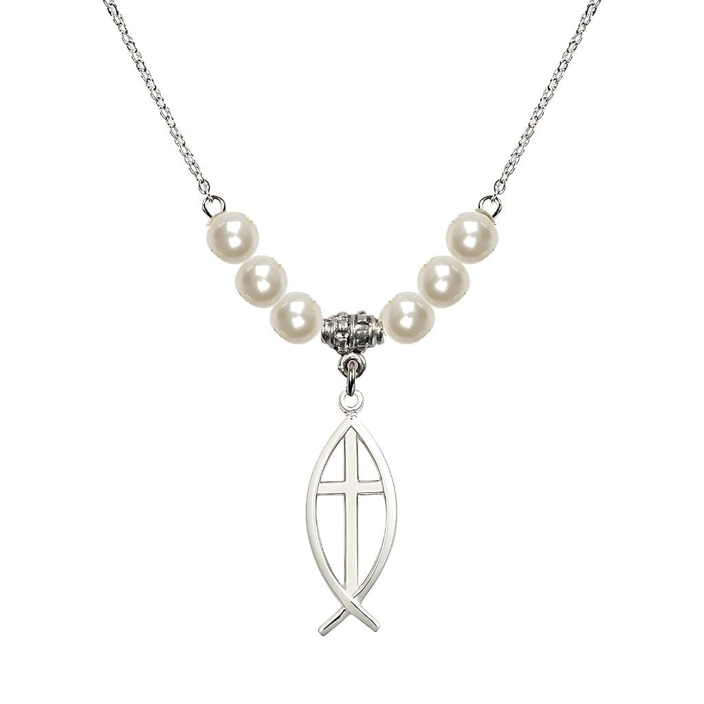 Bliss Fish Cross Faux Pearl Necklace with 18-inch Chain, Medal 1 inch tall by 3/8 inch wide