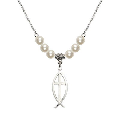 Fish Cross Faux Pearl Necklace with 18-inch Chain, Medal 1 inch tall by 3/8 inch wide, Bliss Manufacturing