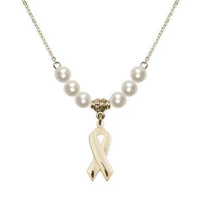 14kt Gold-filled Cancer Awareness Ribbon Faux Pearl Crystal Beaded Necklace, Charm Measures 7/8 inch tall by 3/8 inch wide, Bliss Manufacturing