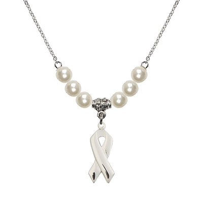 Sterling Silver Cancer Awareness Ribbon Faux Pearl Crystal Beaded Necklace, Charm Measures 7/8 inch tall by 3/8 inch wide, Bliss Manufacturing