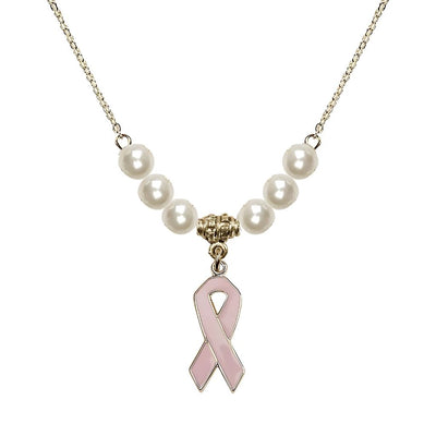 Gold-filled Breast Cancer Awareness Pink Ribbon Faux Pearl Beaded Necklace, Measures 7/8-inch tall by 1/4-inch wide, Bliss Manufacturing