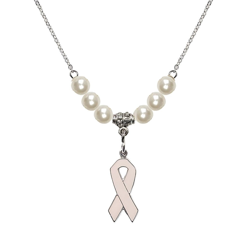 Bliss Sterling Silver Breast Cancer Awareness Pink Ribbon Faux Pearl Crystal Beaded Necklace, Measures 7/8-inch tall by 1/4-inch wide