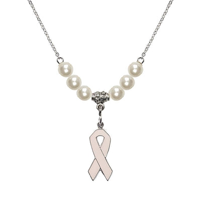 Sterling Silver Breast Cancer Awareness Pink Ribbon Faux Pearl Crystal Beaded Necklace, Measures 7/8-inch tall by 1/4-inch wide, Bliss Manufacturing