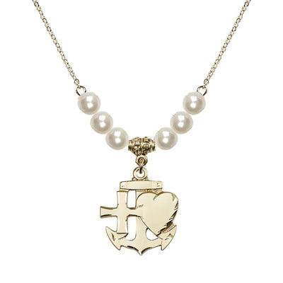 Christian Faith, Hope and Charity Gold-filled 6mm Faux Pearl Crystal Necklace, Bliss Manufacturing