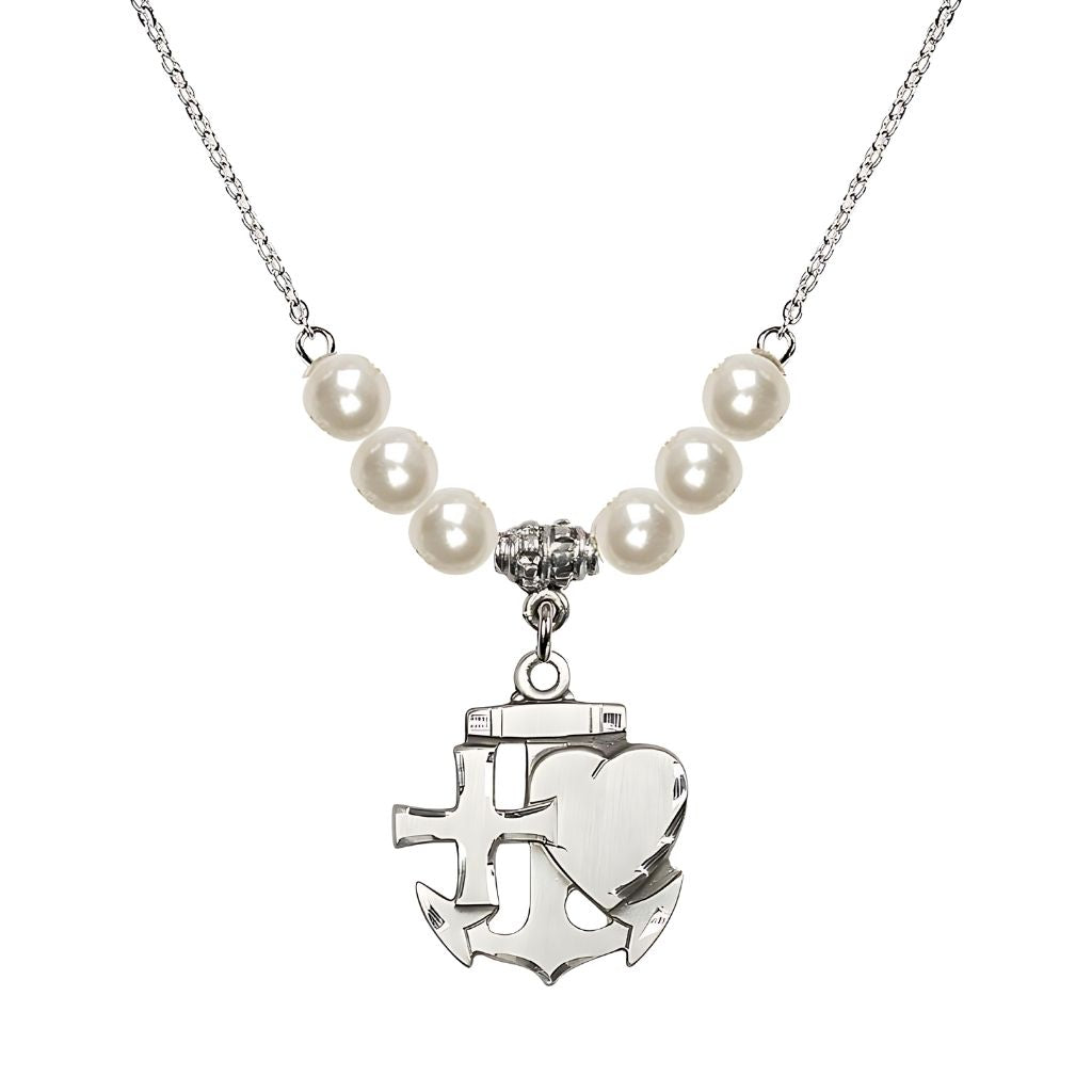 Bliss Christian Faith, Hope and Charity Sterling Silver 6mm Faux Pearl Necklace, Medal Measures 7/8-inch tall by 3/4-inch wide