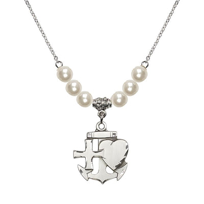 Christian Faith, Hope and Charity Sterling Silver 6mm Faux Pearl Necklace, Medal Measures 7/8-inch tall by 3/4-inch wide, Bliss Manufacturing
