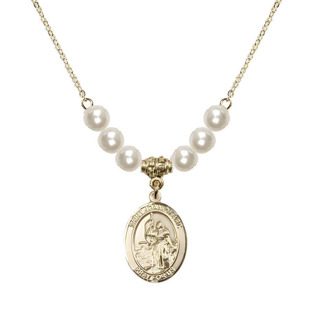 Bliss St. Joan of Arc Oval 14kt Gold-filled 6mm Faux Pearl Crystal Austrian Crystal Beaded Necklace, Measures 3/4 inch tall by 1/2-inch wide, Gift Box.