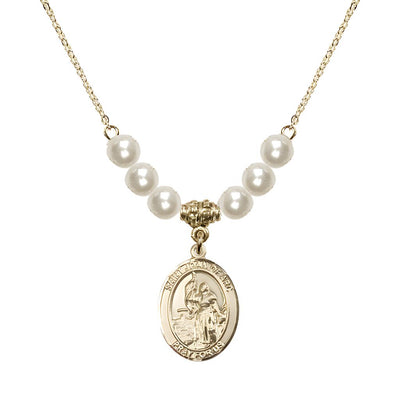 St. Joan of Arc Oval 14kt Gold-filled 6mm Faux Pearl Crystal Austrian Crystal Beaded Necklace, Measures 3/4 inch tall by 1/2-inch wide, Gift Box, Bliss Manufacturing
