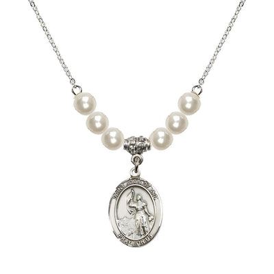St. Joan of Arc Oval Sterling Silver 6mm Faux Pearl Crystal Austrian Crystal Beaded Necklace, Measures 3/4 inch tall by 1/2-inch wide, Gift Box, Bliss Manufacturing