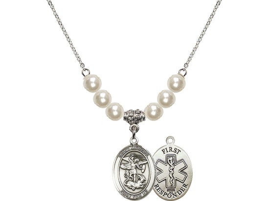 Bliss 1st Responder St Michael Sterling Silver Beaded Necklace with Faux Pearls,