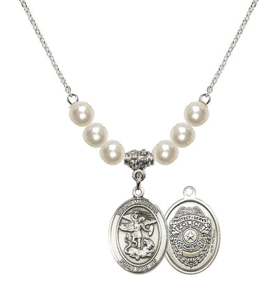 Police Officers St. Michael Sterling Silver Faux Pearl Crystal Beaded Necklace, Measures 3/4 inch tall by 1/2-inch wide, Bliss Manufacturing