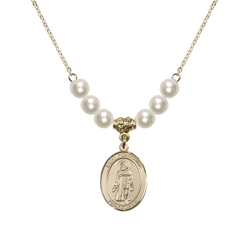 Bliss Our Lady of Fatima 14kt Gold-filled 6mm Faux Pearl Crystal Beaded Necklace, Measures 3/4 inch tall by 1/2-inch wide, Gift Box