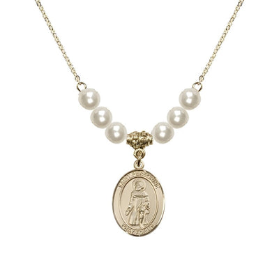 Our Lady of Fatima 14kt Gold-filled 6mm Faux Pearl Crystal Beaded Necklace, Measures 3/4 inch tall by 1/2-inch wide, Gift Box, Bliss Manufacturing