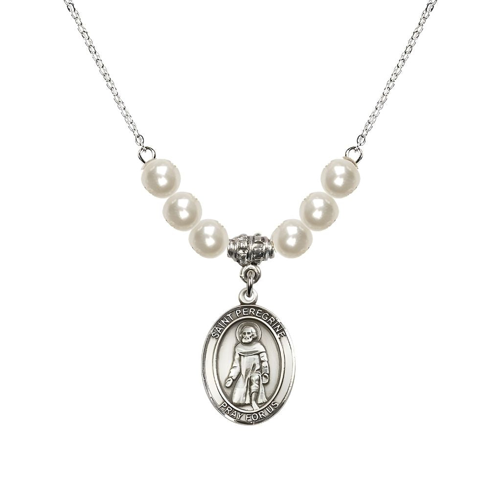 Bliss Our Lady of Fatima Sterling Silver 6mm Faux Pearl Crystal Beaded Necklace, Measures 3/4 inch tall by 1/2-inch wide, Gift Box