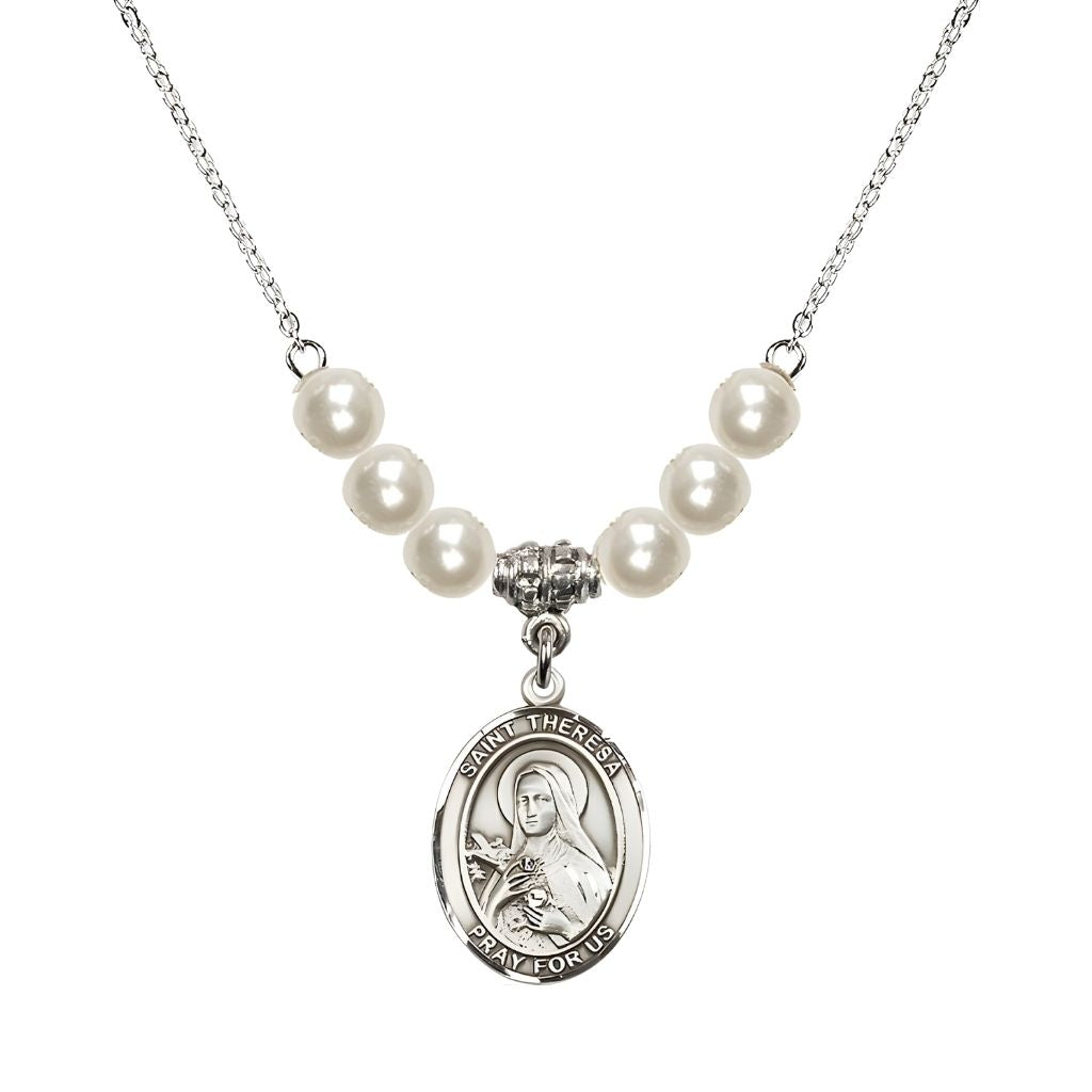 Bliss St. Theresa Sterling Silver Crystal Necklace, handcrafted in the USA, Birthstone 6mm Austrian Crystals in Faux Pearl