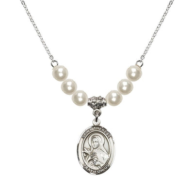 St. Theresa Sterling Silver Crystal Necklace, handcrafted in the USA, Birthstone 6mm Austrian Crystals in Faux Pearl, Bliss Manufacturing