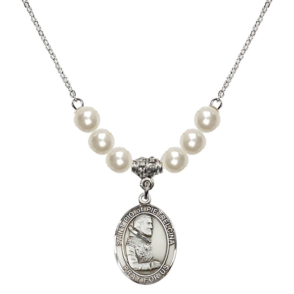 Bliss Sterling Silver St. Padre Pio of Pietrelcina Faux Pearl Crystal Birthstone Necklace
