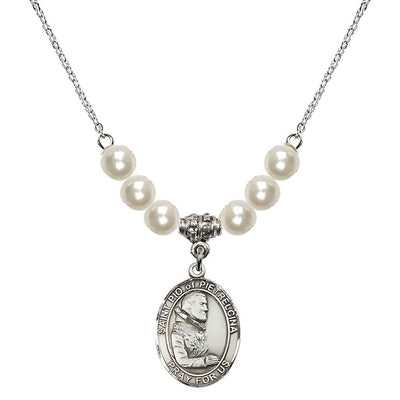 Sterling Silver St. Padre Pio of Pietrelcina Faux Pearl Crystal Birthstone Necklace, Bliss Manufacturing
