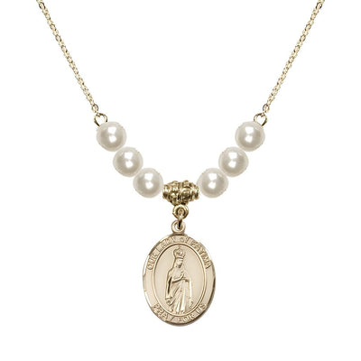Our Lady of Fatima Gold-filled 6mm Faux Pearl Crystal Beaded Necklace, Measures 3/4 inch tall by 1/2-inch wide, Gift Box, Bliss Manufacturing