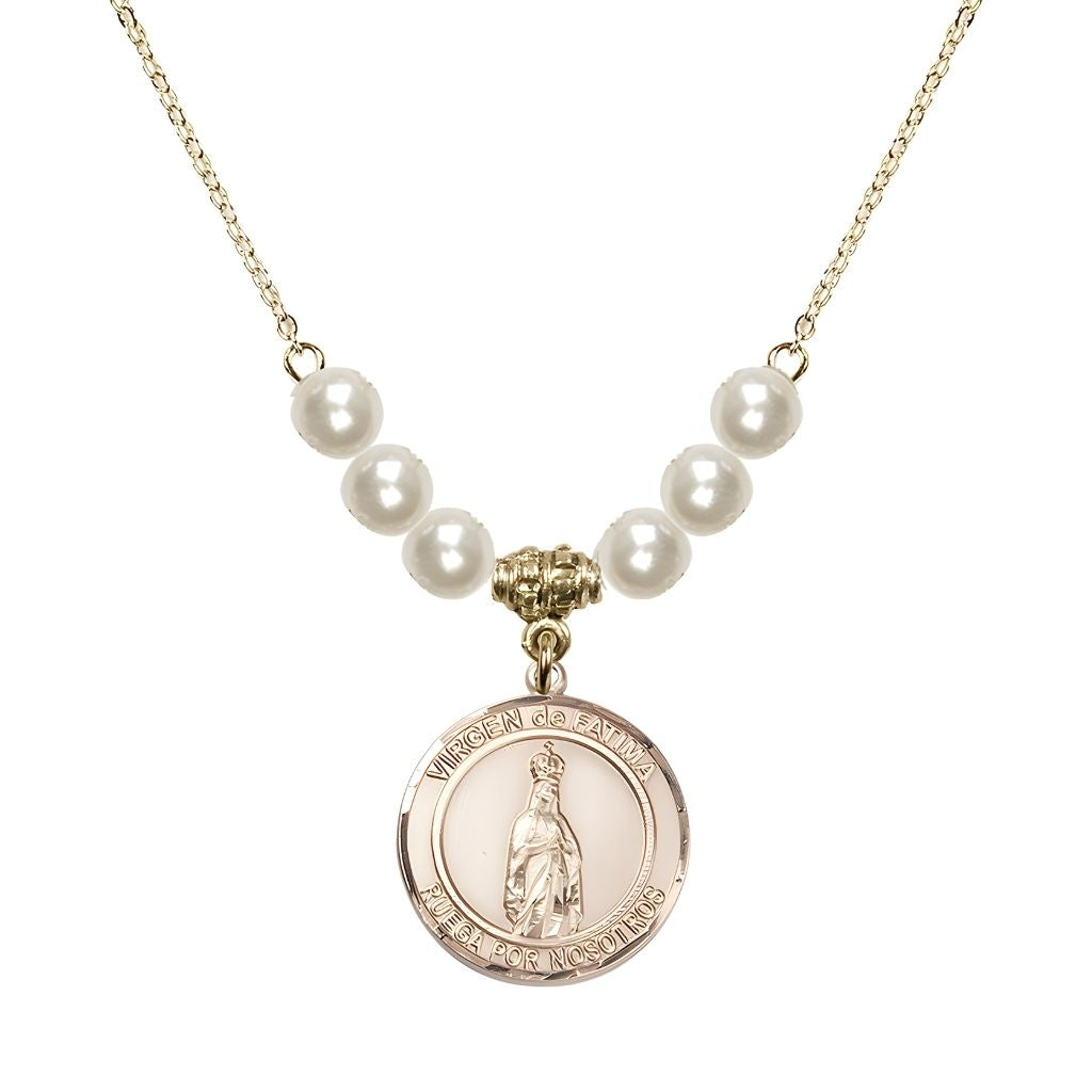 Bliss Virgen de Fatima Round 14kt Gold-filled 6mm Faux Pearl Crystal Beaded Necklace, Measures 3/4 inch tall by 1/2-inch wide, Gift Box