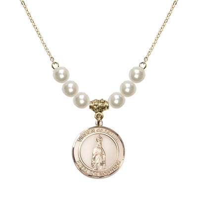 Virgen de Fatima Round 14kt Gold-filled 6mm Faux Pearl Crystal Beaded Necklace, Measures 3/4 inch tall by 1/2-inch wide, Gift Box, Bliss Manufacturing