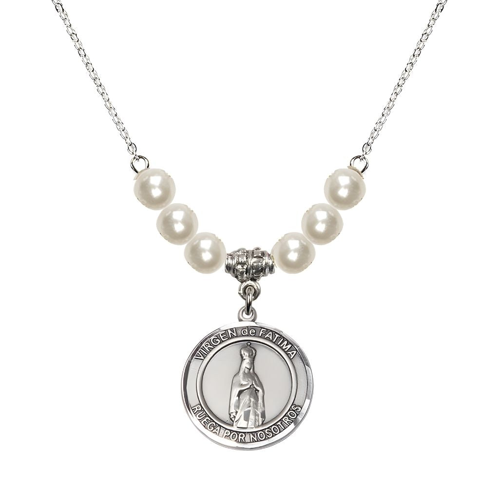 Bliss Virgen de Fatima Round Sterling Silver 6mm Faux Pearl Crystal Beaded Necklace, Measures 3/4 inch tall by 1/2-inch wide, Gift Box