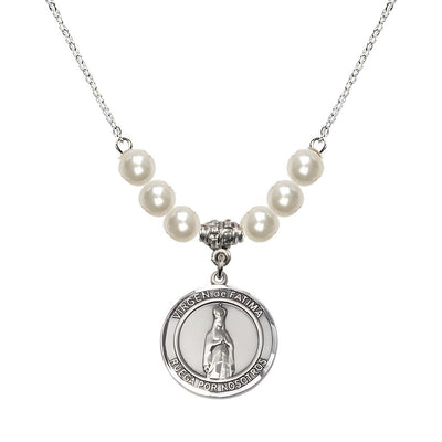 Virgen de Fatima Round Sterling Silver 6mm Faux Pearl Crystal Beaded Necklace, Measures 3/4 inch tall by 1/2-inch wide, Gift Box, Bliss Manufacturing