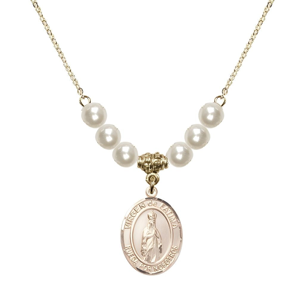 Bliss Virgen de Fatima 14kt Gold-filled 6mm Faux Pearl Crystal Beaded Necklace, Measures 3/4 inch tall by 1/2-inch wide, Gift Box