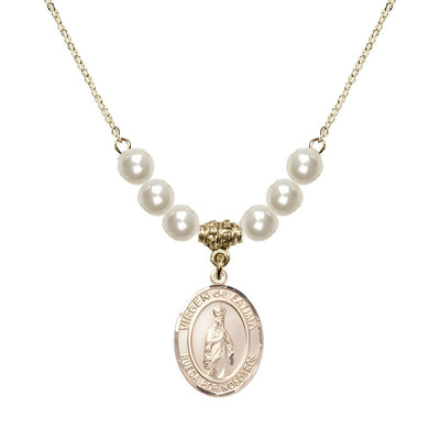 Virgen de Fatima 14kt Gold-filled 6mm Faux Pearl Crystal Beaded Necklace, Measures 3/4 inch tall by 1/2-inch wide, Gift Box, Bliss Manufacturing