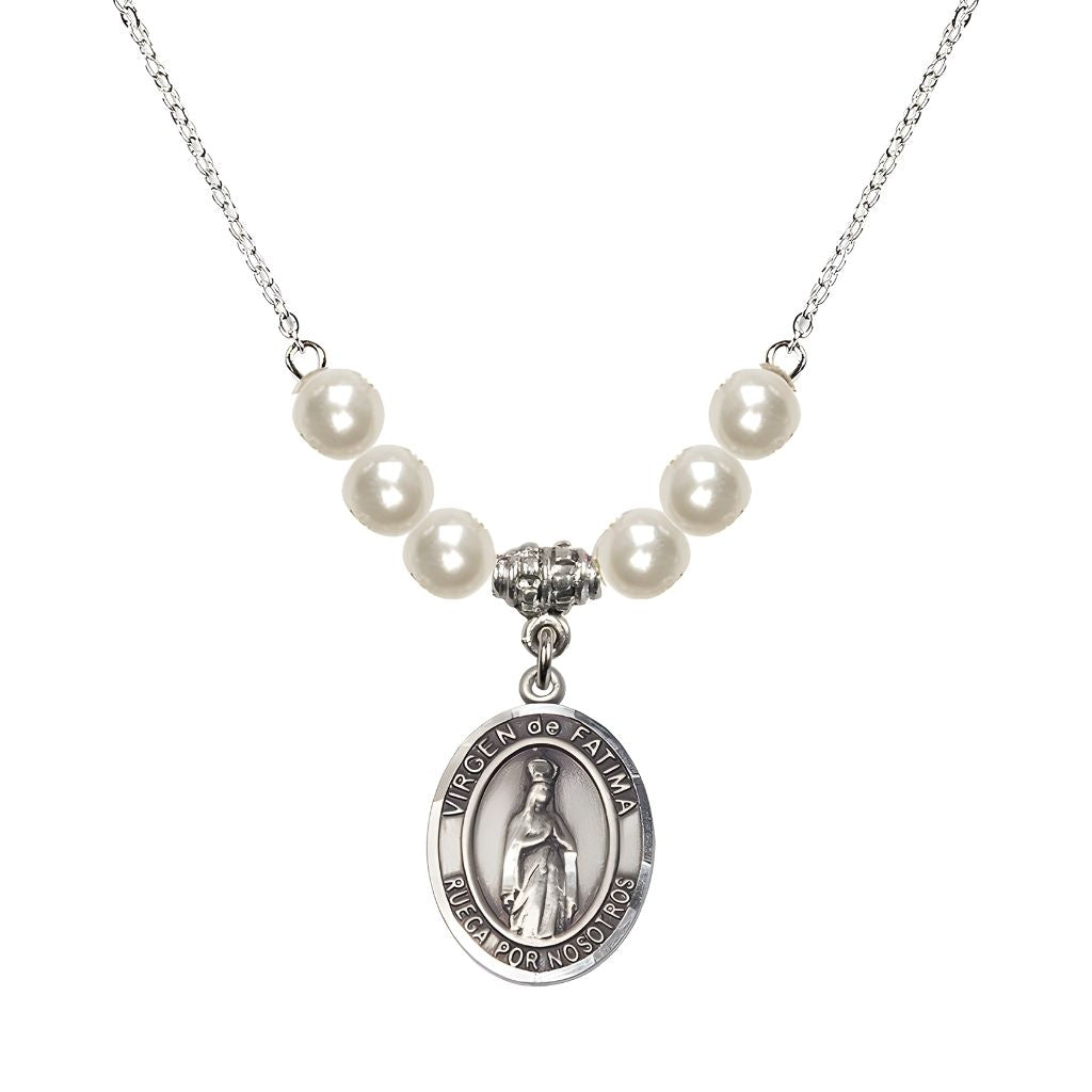 Bliss Virgen de Fatima Oval Sterling Silver 6mm Faux Pearl Crystal Beaded Necklace, Measures 3/4 inch tall by 1/2-inch wide, Gift Box