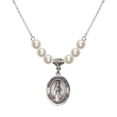 Virgen de Fatima Oval Sterling Silver 6mm Faux Pearl Crystal Beaded Necklace, Measures 3/4 inch tall by 1/2-inch wide, Gift Box, Bliss Manufacturing