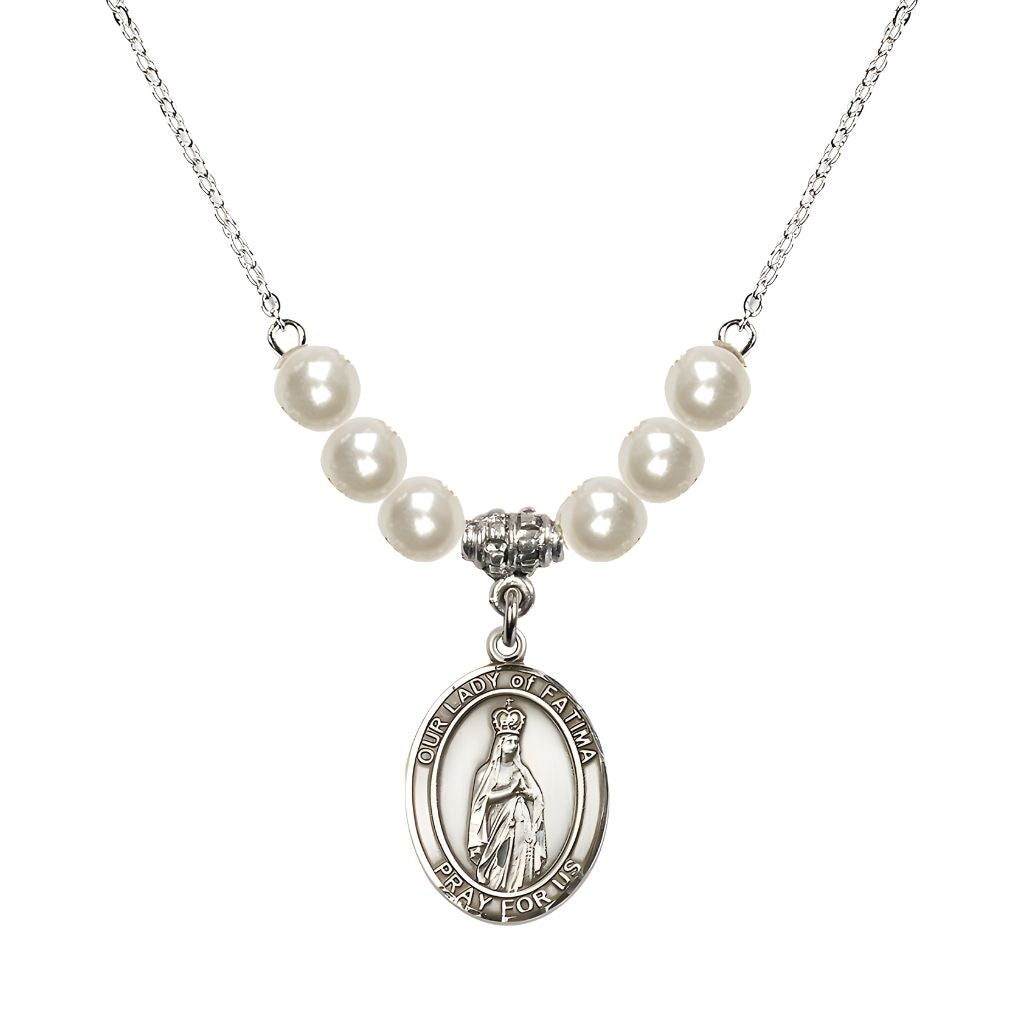 Bliss Our Lady of Fatima Sterling Silver 6mm Faux Pearl Crystal Beaded Necklace, Measures 3/4 inch tall by 1/2-inch wide, Gift Box