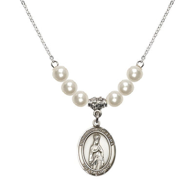 Our Lady of Fatima Sterling Silver 6mm Faux Pearl Crystal Beaded Necklace, Measures 3/4 inch tall by 1/2-inch wide, Gift Box, Bliss Manufacturing