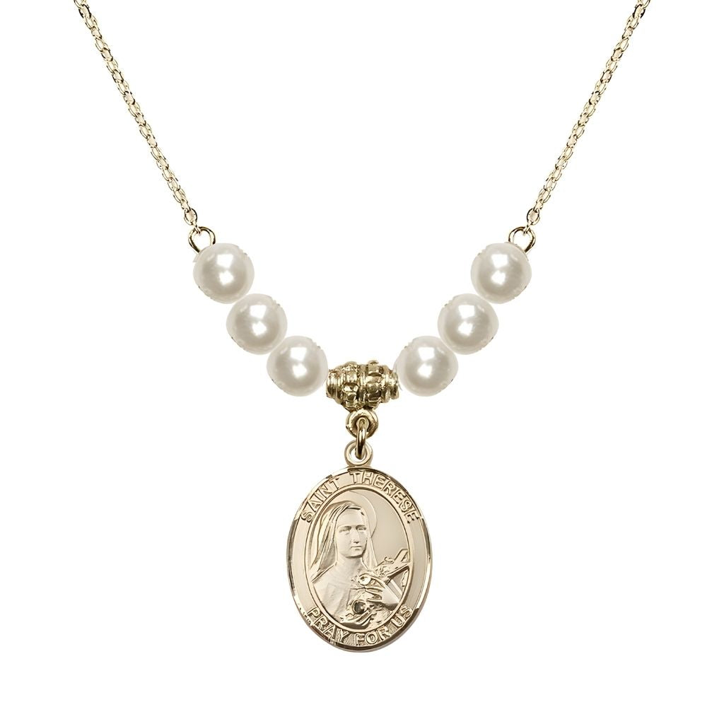 Bliss St. Therese of Lisieux Gold-filled Necklace with 6mm faux pearl Austrian crystals