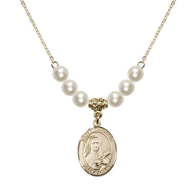 St. Therese of Lisieux Gold-filled Necklace with 6mm faux pearl Austrian crystals, Bliss Manufacturing