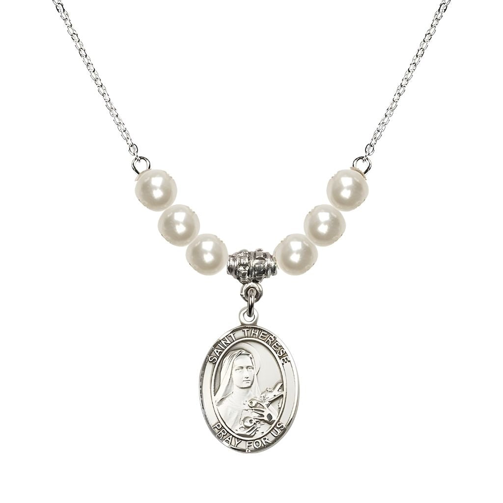 Bliss St. Therese of Lisieux Sterling Silver Medal and 6mm Faux Pearl Crystal Necklace