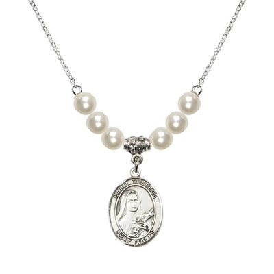St. Therese of Lisieux Sterling Silver Medal and 6mm Faux Pearl Crystal Necklace, Bliss Manufacturing