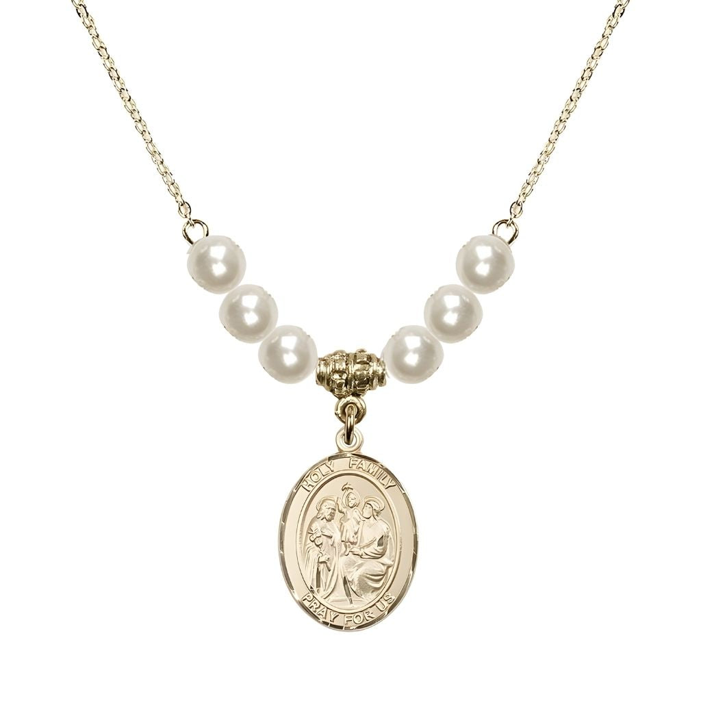 Bliss Holy Family Beaded Necklace with Gold-filled Medal, 6mm Austrian Crystal Faux Pearls